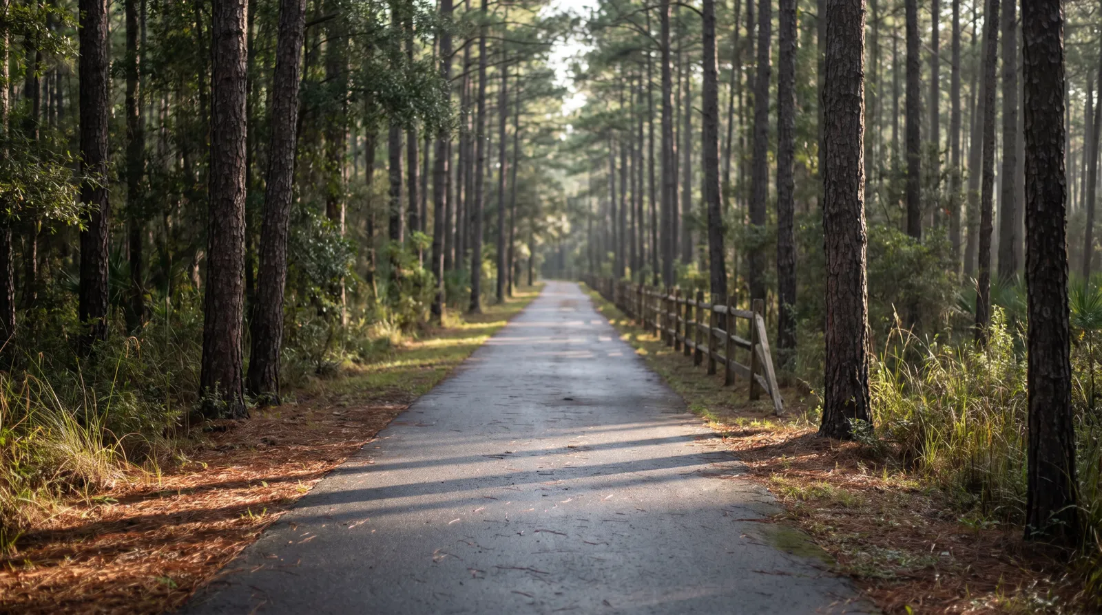A flat asphalt rail-trail running straight through tall pine forest in the Croom Tract, morning light slanting across the pavement, no riders in frame