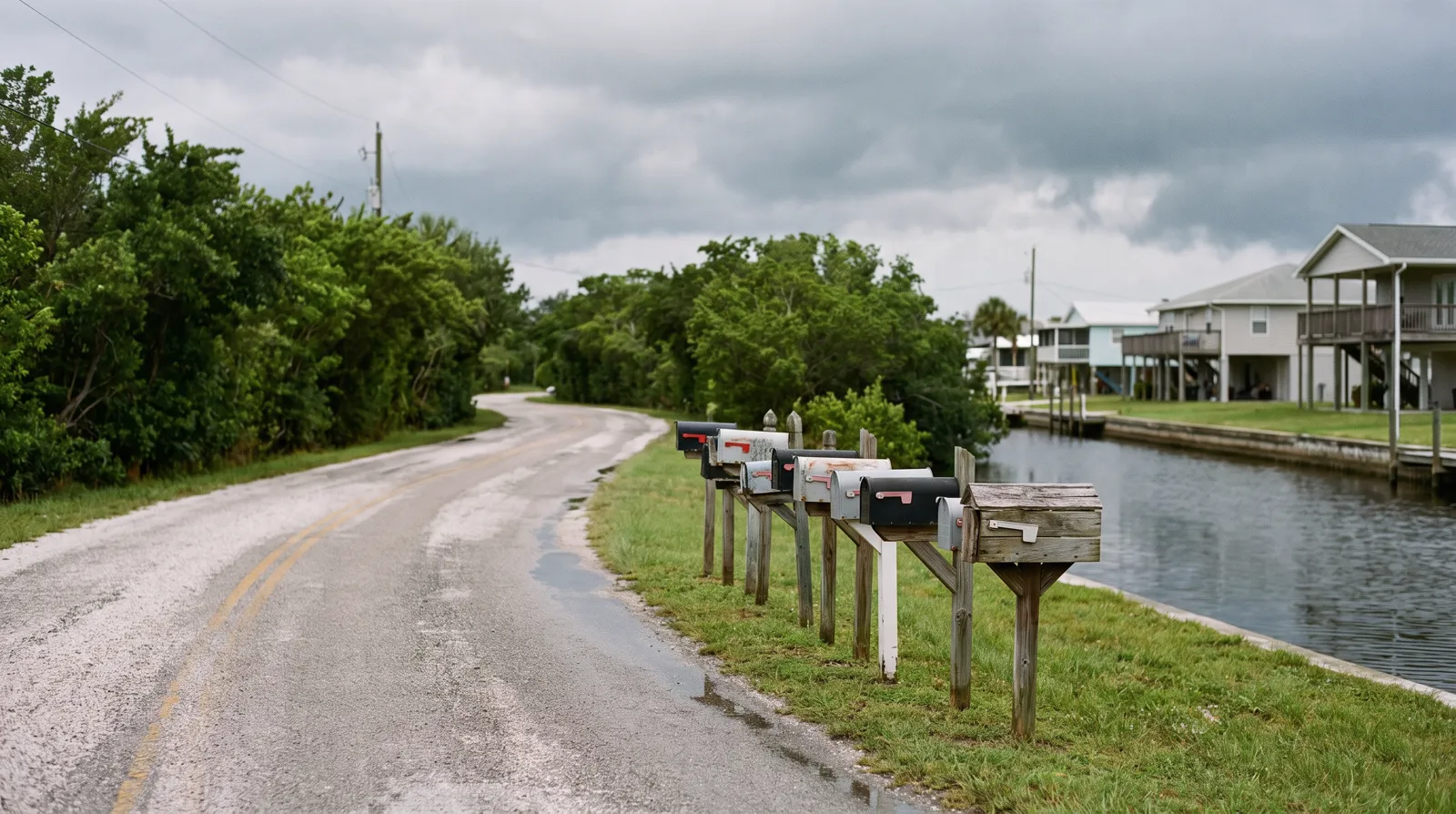 A low coastal road along Hernando Beach with mangroves and a canal, mailboxes lining the shoulder under a gray pre-storm sky.