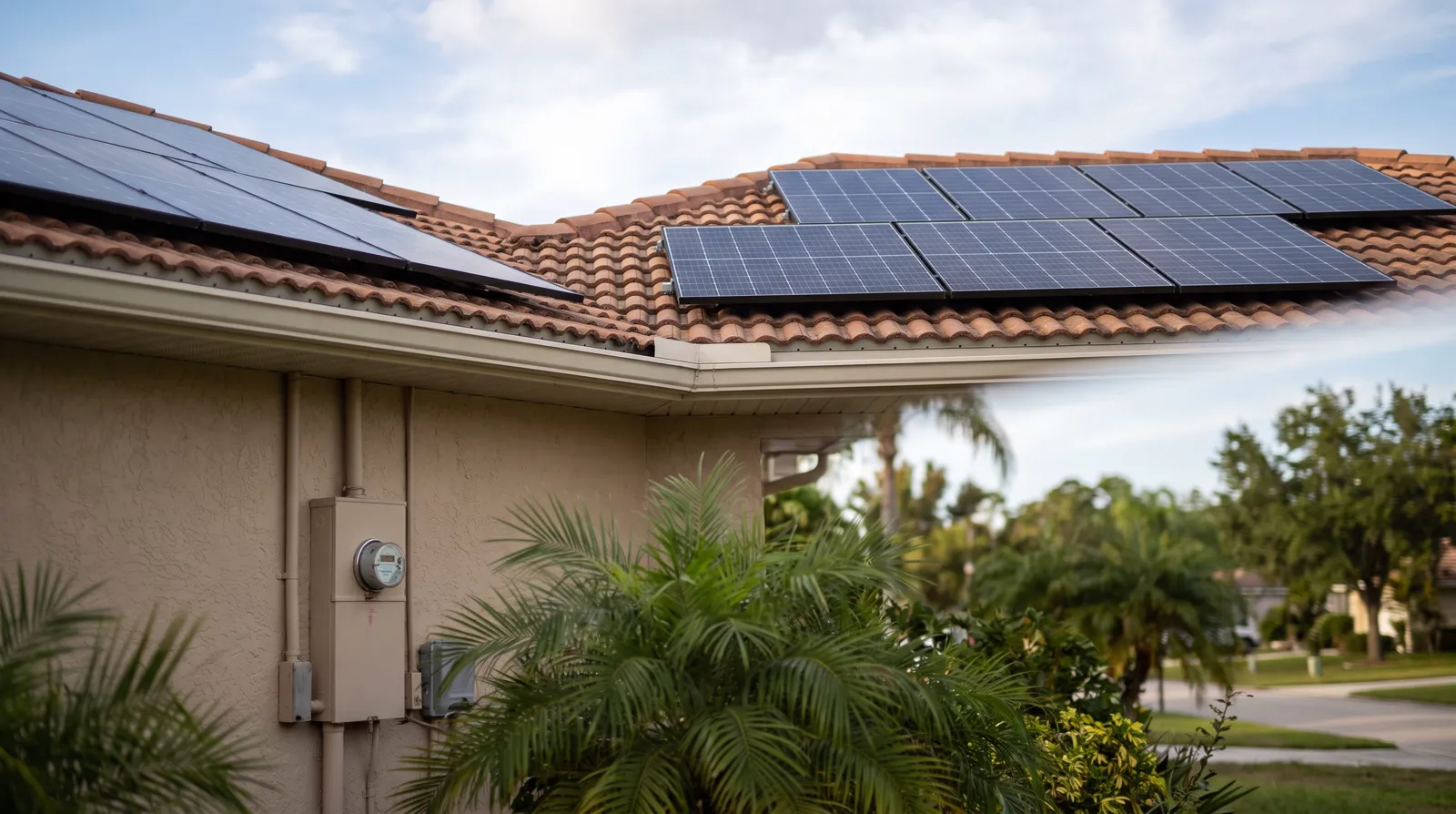 Rooftop solar panels on a single-story Spring Hill home under a bright Florida sky, an electric meter visible on the exterior wall