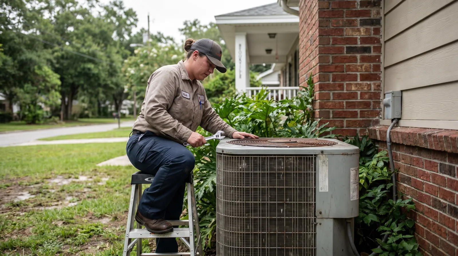 A technician on a ladder servicing a residential AC condenser unit beside a Brooksville home on a humid summer afternoon