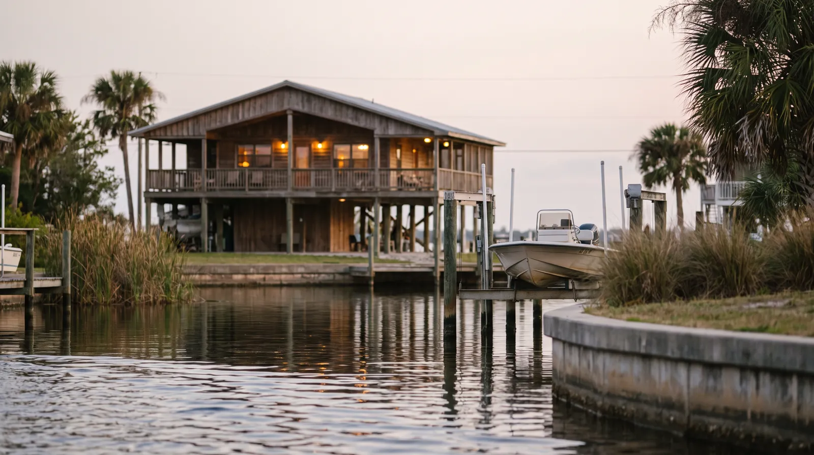A stilt home along a Hernando Beach canal at dusk with water lapping the seawall and a boat lift in the foreground