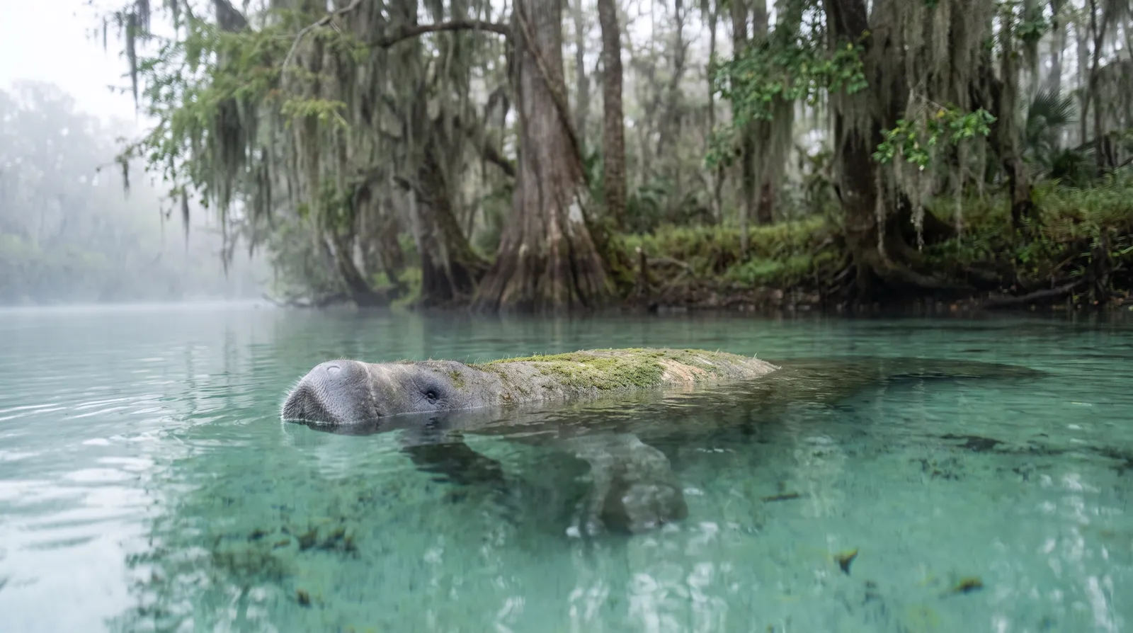 A manatee resting in clear turquoise spring water near a cypress-lined riverbank on a cold, misty Weeki Wachee morning