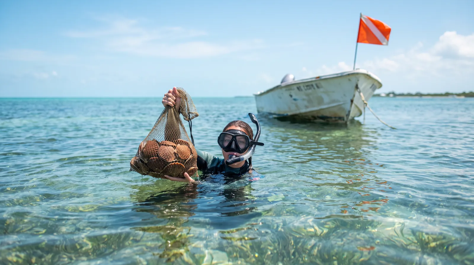 A snorkeler in a mask holding a mesh bag of scallops treading water over a shallow seagrass flat under bright summer sky, an orange divers-down flag on a nearby anchored boat.