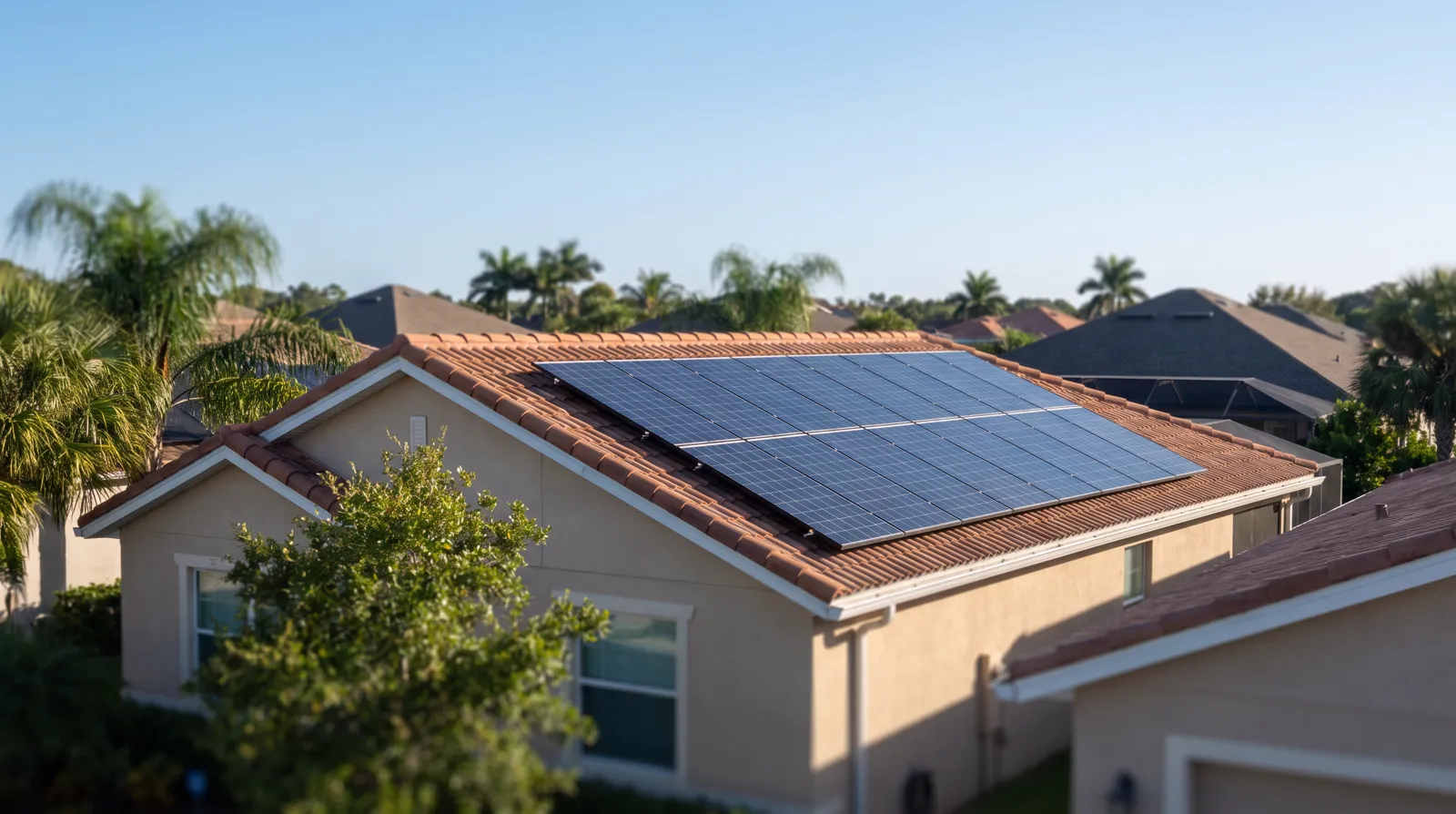 Rooftop solar panels on a single-story stucco home in a Spring Hill subdivision under bright blue Florida sky, palm trees nearby