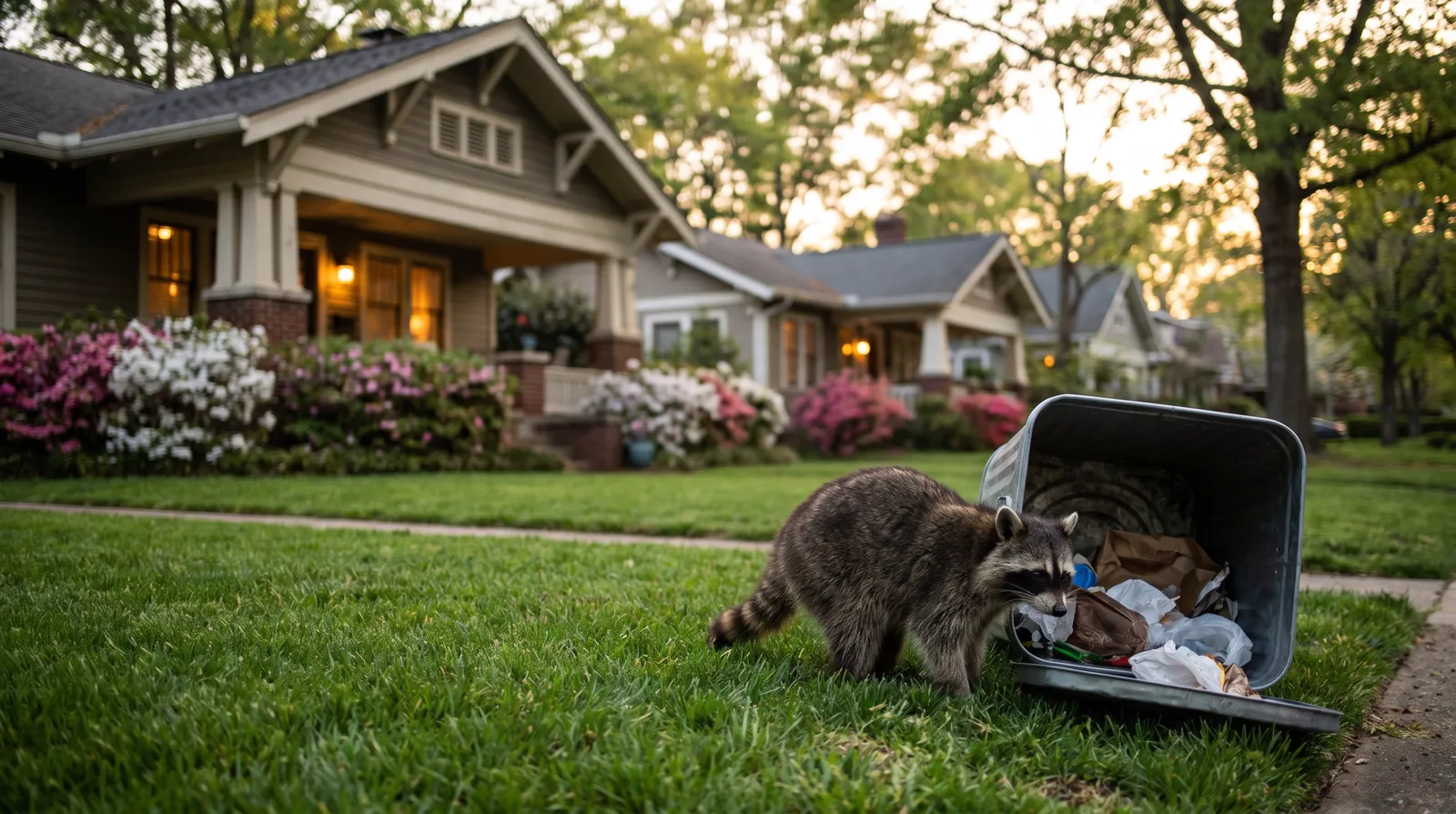 A raccoon at dusk on the edge of a Spring Hill residential lawn near an open trash bin, suburban houses softly out of focus behind it