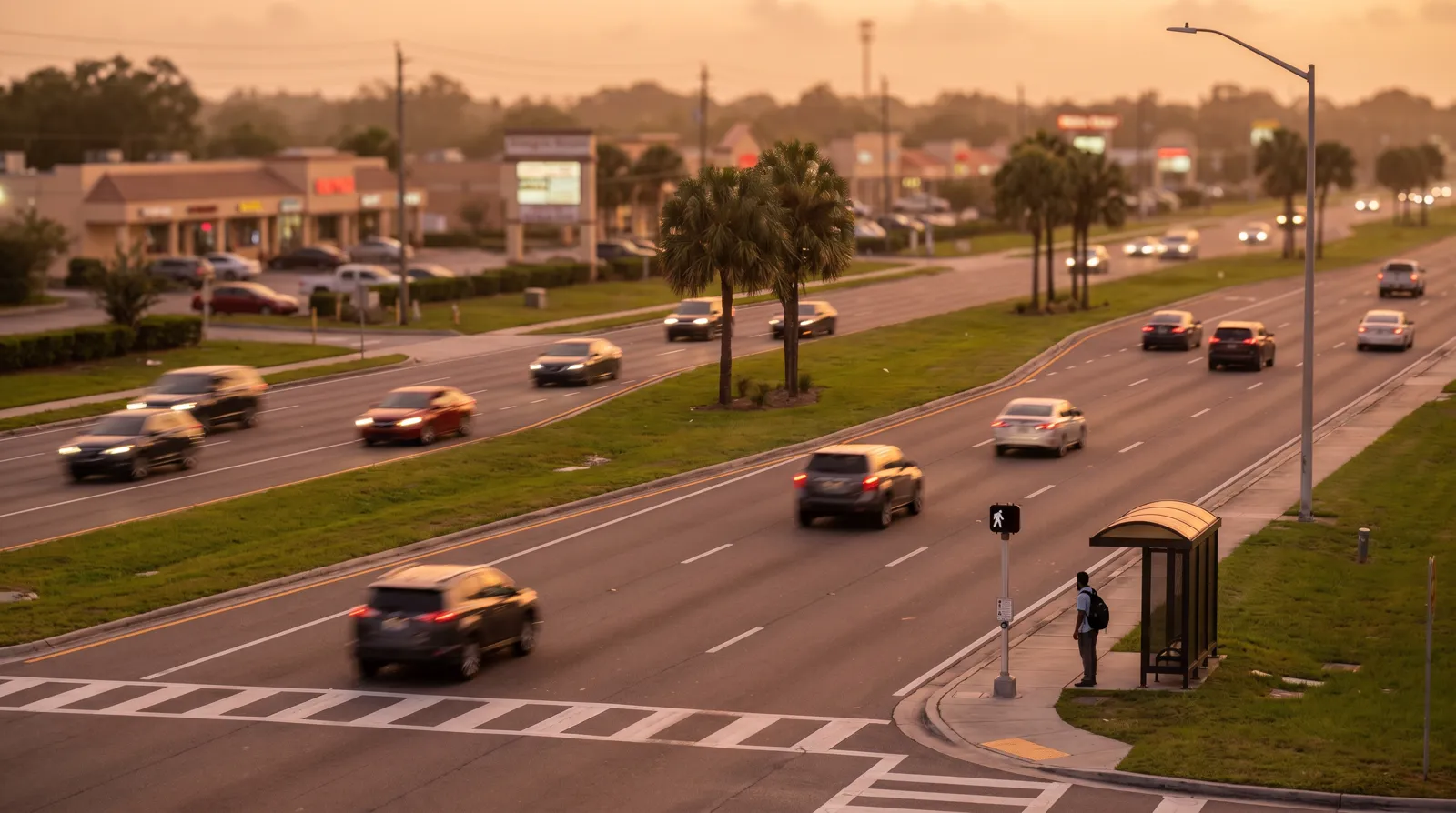 A wide multi-lane Florida highway corridor at dusk with fast-moving traffic and a lone pedestrian waiting at a far curb, palms and low storefronts out of focus, the kind of road common along US-19 in Spring Hill