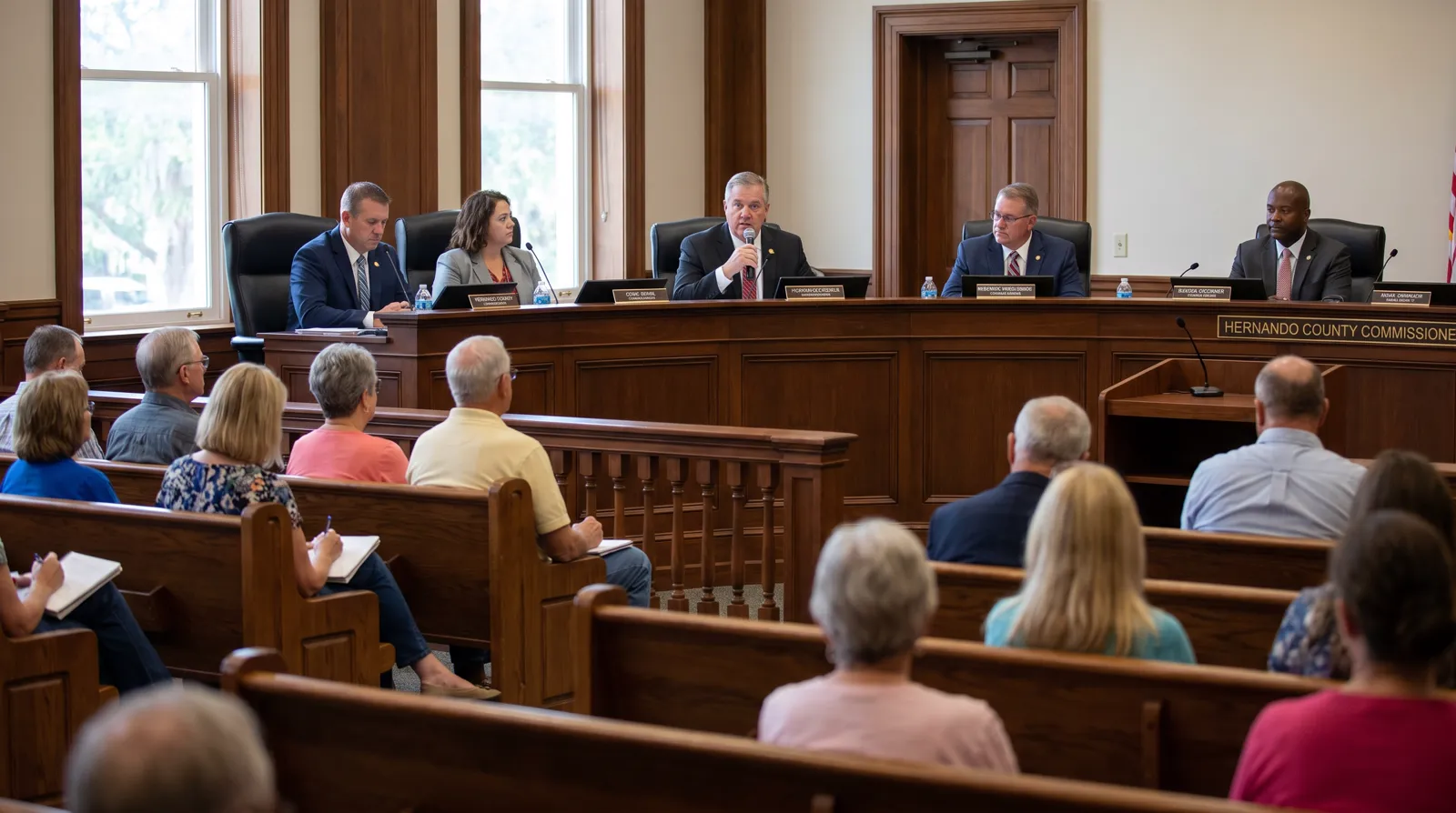 A Hernando County Board of County Commissioners meeting in session inside the Brooksville government center, commissioners seated at the dais with residents in the gallery