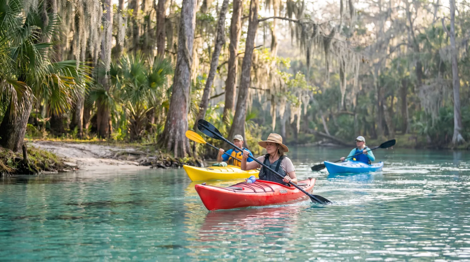Paddlers in colorful kayaks gliding over clear turquoise water on the Weeki Wachee River, cypress trees lining the bank in morning light.